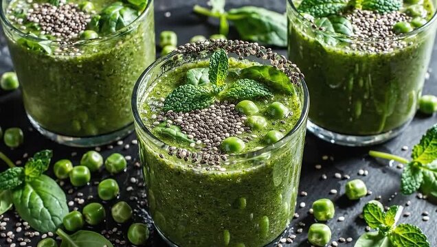 Three glasses of green smoothie with peas, mint, and chia seeds.