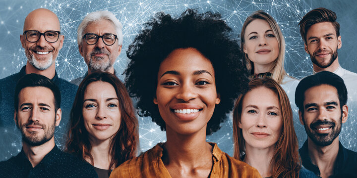 Diverse group of smiling people connected by a digital network background - Powered by Adobe