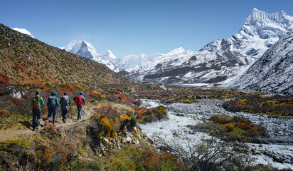 Hikers of Trekking Team on Trail to Everest Base Camp Are Reaching Panoramic View of Himalayan...