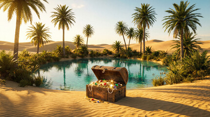 Treasure chest filled with gold standing in the middle of a desert oasis, palm trees and clear water surrounded by golden sand dunes, fantasy adventure scene symbolizing wealth, discovery, fortune, an