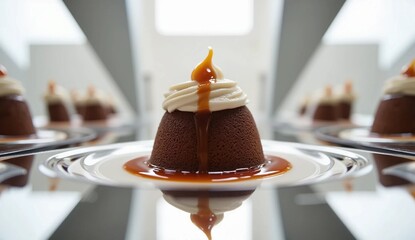 Miniature Chocolate Lava Cake with Whipped Cream and Caramel Drip 