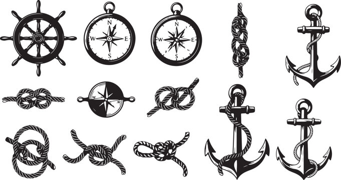 Nautical symbols and anchors on a white background illustration