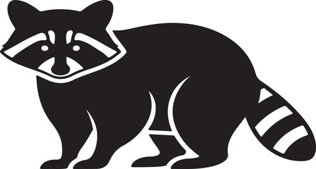 A black and white illustration of a raccoon standing on a plain background