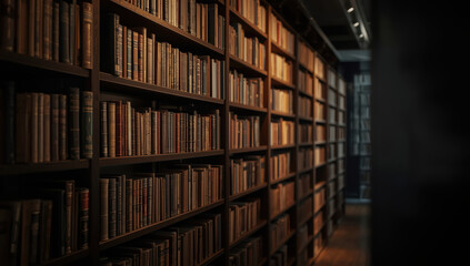 Obraz premium Warm wooden library aisle with vintage book spines, moody ambient light