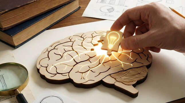 Conceptual representation of idea and intelligence with brain shaped puzzle and lightbulb element