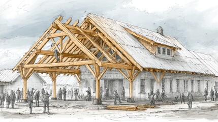 Architectural rendering of a building under construction, people, and wood beams
