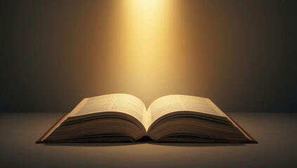 Open book on table illuminated by warm spotlight creating inspiring study mood