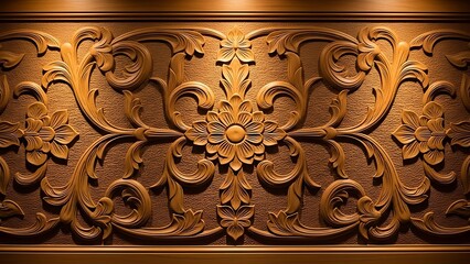 Intricate wooden carving with floral patterns and ornate designs
