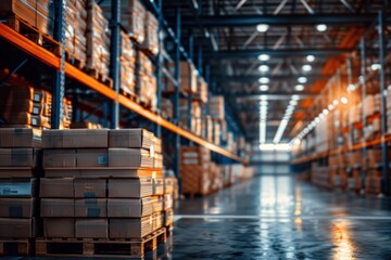 Warehouse with stacked boxes and high racks