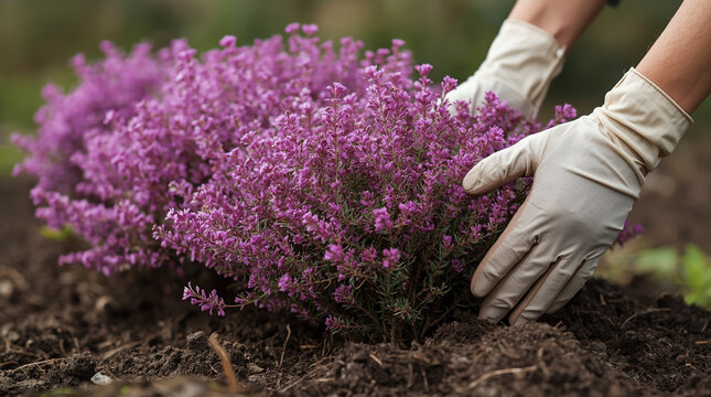 planting flowers in the garden, plant care, a large heather bush in a field with a gardener's hands near it