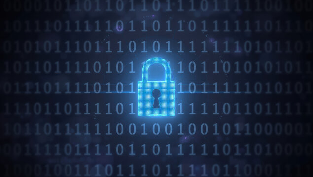 Digital lock icon glowing amid binary code, secure data protection concept with calm tone