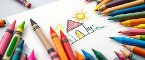 Vibrant crayons and markers surround a paper displaying a simple, colorful doodle of a house and sun, implying childlike creativity,  innocence,  fun