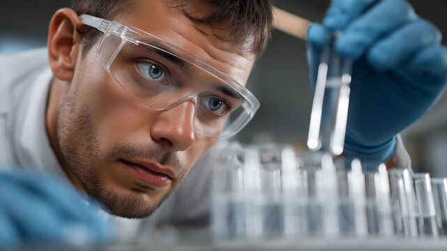 In a calm and focused laboratory, a researcher carefully inspects test tubes filled with various samples, showcasing precision and commitment to scientific inquiry during his examination