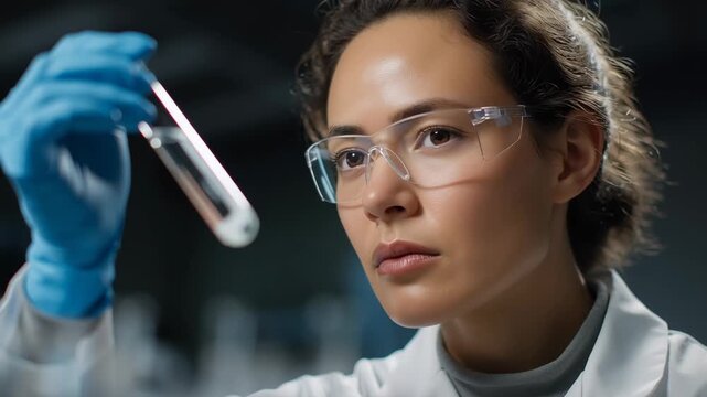 In a well-equipped laboratory, a dedicated researcher closely inspects a test sample held in a test tube