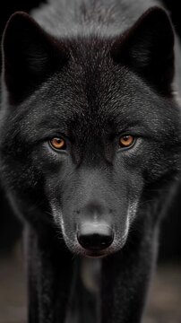 A striking black wolf moves gracefully through the darkness, its golden eyes glowing softly in the dim light. This captivating creature embodies the allure of the wild at twilight
