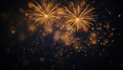 Gold fireworks burst with golden bokeh lights creating festive celebratory mood