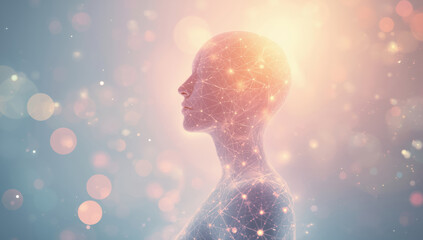 Ethereal human silhouette with neural network glow and warm bokeh light, futuristic calm