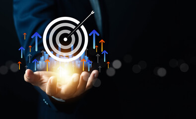 Business target concept with digital arrows and growth chart rising from human hand, symbolizing strategy, goal achievement data analytics performance improvement marketing success, financial growth.