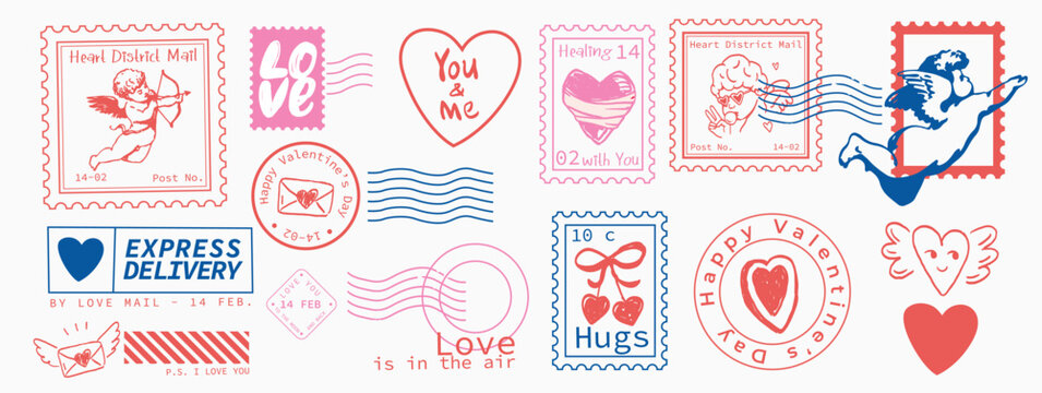 Valentine postage stamp doodle set with cupid, hearts, love mail marks, express delivery labels and romantic typography. Playful retro style illustrations for cards, stickers, packaging.