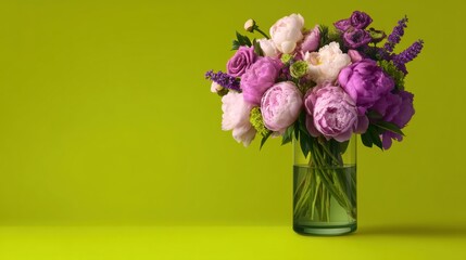 Fototapeta premium Vibrant modern floral arrangement with peonies ranunculus and lavender in glass vase on bold lime green background for branding packaging editorial design