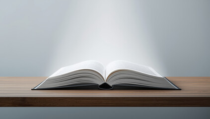 Open book on wooden table with soft spotlight and calm minimal background