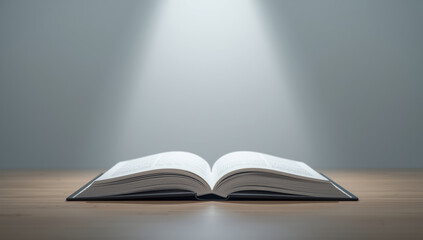 Open book on wooden table with focused overhead light creating contemplative mood