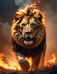A fierce lion with a majestic mane runs towards the viewer amidst a fiery backdrop