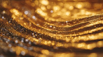 Shimmering, textured gold surface with out-of-focus bokeh highlights