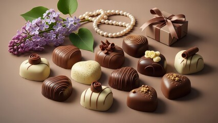 Elegant chocolate truffles arranged with lilacs and pearls for valentine's day