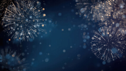 Fototapeta premium Sparkling fireworks burst over dark blue bokeh background, festive and elegant night celebration