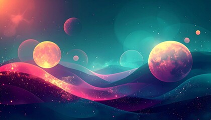 Vibrant Cosmic Dreamscape An Abstract Illustration of Wavy Terrains and Luminous Planets in an Ethereal Nebula