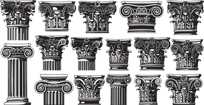 Collection of ancient Greek and Roman column capitals and bases
