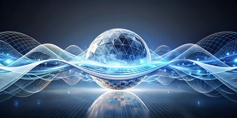 Abstract Digital Globe with Flowing Data Waves and Grid Patterns