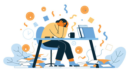 Fototapeta premium Overwhelmed businesswoman struggling with stress at her cluttered office desk