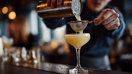 Watch as a skilled bartender expertly prepares a delightful cocktail in a martini glass, showcasing the art of mixology in a vibrant bar atmosphere