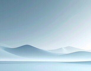 Vector illustration of a snowy mountain landscape at sunset featuring misty peaks and blue hills under a cloudy morning sky