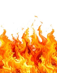 Dynamic upwards-spiraling flames in warm orange and yellow hues against a clean, bright white backdrop