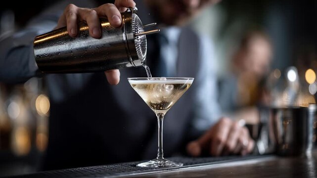 In a sophisticated bar setting, a talented bartender skillfully prepares a delightful cocktail in a classic martini glass, showcasing the art of mixology and creativity