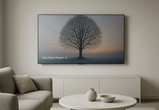 Minimalist Living Room With Television Mockup PSD