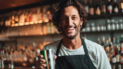 Joy shines on the face of a skilled bartender as he crafts unique cocktails in a lively cafe setting. Enjoy the atmosphere filled with laughter and cheers