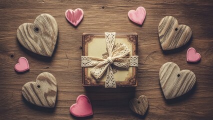 Handcrafted gift box surrounded by wooden and felt hearts for valentine's day