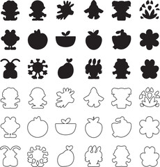 Obraz premium Collection of black and white icons featuring various animal and food silhouettes