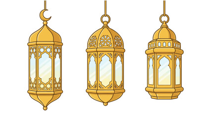 Obraz premium Three ornate golden Islamic lanterns with intricate patterns and glass panels, suitable for Ramadan or Eid celebrations.