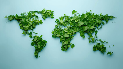 Green leaf world map, eco concept showing vibrant leaves forming continents on blue background