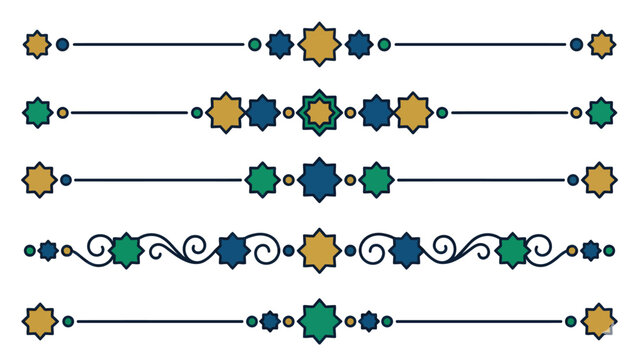 Five decorative horizontal dividers with star shapes and scrollwork in gold, blue, and teal colors.