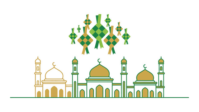 Vector illustration of mosques and ketupat decorations for Eid al-Fitr celebration, symbolizing Islamic culture and festive spirit.