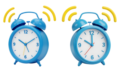 Two vibrant blue 3d alarm clocks ringing with yellow sound waves, isolated on transparent background.