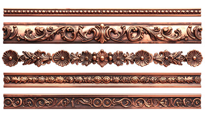 Intricate, copper-toned decorative border elements with varying floral and scroll designs