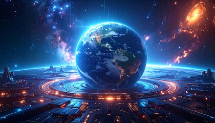 Earth above a futuristic city, glowing with neon light against the backdrop of a vibrant, colorful galaxy