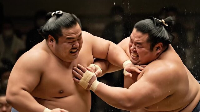 Close up of two sumo wrestlers grappling intensely